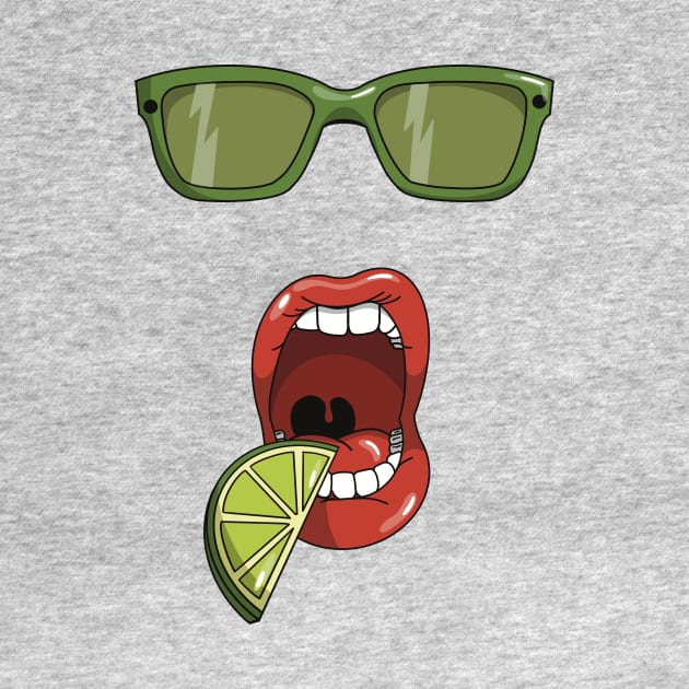 Mouth about to eat a slice of a green lime and matching green sun glasses by Fruit Tee